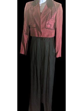 Dawn Joy II Black & Red Brocade 80s Jumpsuit With Jacket Vintage Statement Piece